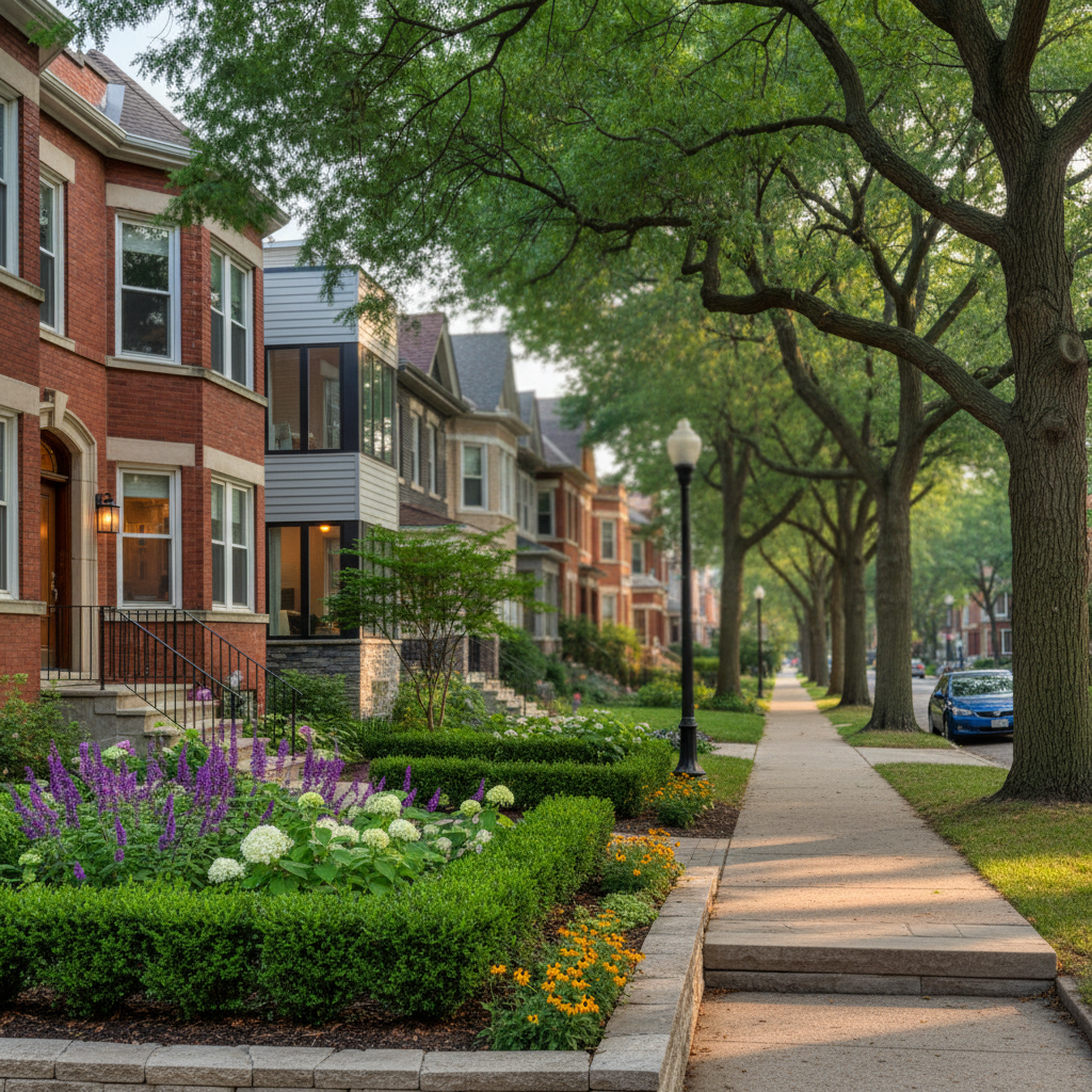 A sunlit Chicago residential street lined with mature trees and a mix of classic brick two-flats and updated single-family homes, captured in photographic realism. A freshly landscaped front yard with manicured shrubs and blooming perennials frames the foreground, leading to a warmly lit front door with tasteful modern hardware. Soft late-afternoon natural light casts long, gentle shadows across the clean sidewalk and stone steps, creating a calm, inviting mood. Shot at eye level with a slight angle down the block, the composition uses the rule of thirds to balance architecture and greenery, with a subtle bokeh effect softening the distant homes, evoking trusted neighborhood expertise and long-term local presence.