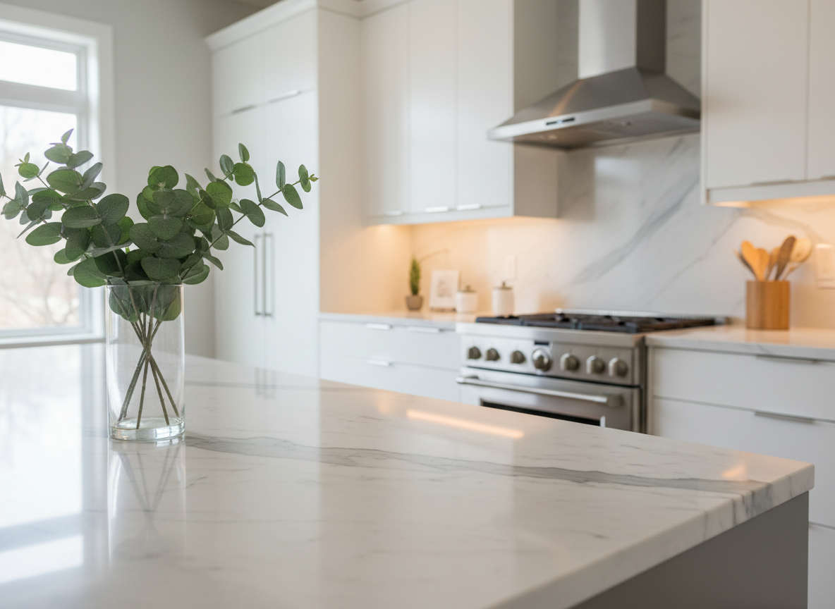A detailed close-up of a polished marble kitchen island in a renovated Chicago bungalow, topped with a subtle gray-veined white stone and a simple glass vase holding fresh green eucalyptus stems. Behind it, flat-panel matte white cabinets and a stainless-steel range with a sleek vent hood create a modern yet timeless backdrop. Warm under-cabinet lighting and soft natural daylight from a nearby window combine to create gentle highlights on the marble surface. Captured at counter height with a shallow depth of field, the composition keeps the vase and island edge in crisp focus while softly blurring the appliances and cabinetry, conveying a mood of quiet sophistication, attention to detail, and move-in-ready quality.