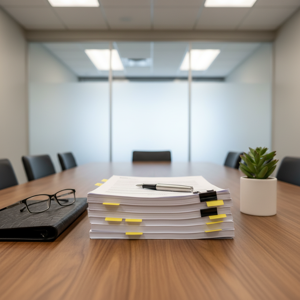 A calm, organized closing table scene in a well-lit, contemporary conference room, without any people present. On a smooth walnut table sit a neatly stacked set of real estate documents with visible signature tabs, a high-quality metal pen resting precisely across the top page, a pair of reading glasses folded beside a leather portfolio, and a small potted plant adding a touch of green. Soft, neutral overhead lighting combines with faint daylight from a frosted glass window, creating even illumination and minimal shadows. Captured at eye level with a shallow depth of field, the composition brings the pen and documents into crisp focus while the background wall and frosted glass blur gently. The atmosphere feels professional, calm, and trustworthy, reinforcing seamless, well-managed transactions.