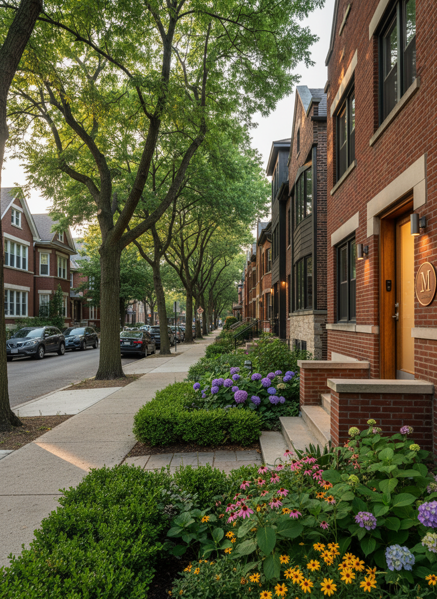 A sunlit Chicago residential street lined with mature trees and a mix of classic brick two-flats and updated single-family homes, captured in photographic realism. A freshly landscaped front yard with manicured shrubs and blooming perennials frames the foreground, leading to a warmly lit front door with tasteful modern hardware. Soft late-afternoon natural light casts long, gentle shadows across the clean sidewalk and stone steps, creating a calm, inviting mood. Shot at eye level with a slight angle down the block, the composition uses the rule of thirds to balance architecture and greenery, with a subtle bokeh effect softening the distant homes, evoking trusted neighborhood expertise and long-term local presence.
