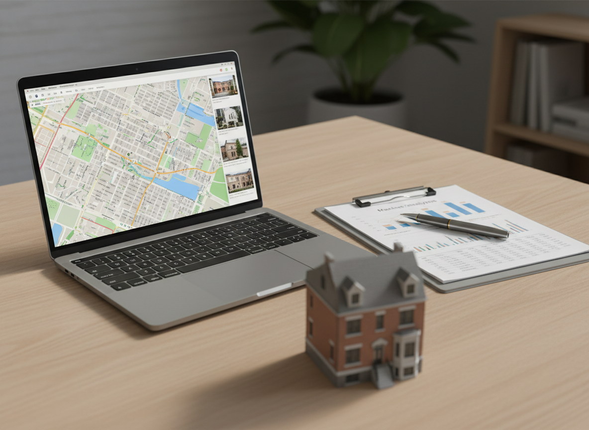 A professional real estate workspace set up on a clean wooden desk, featuring a slim modern laptop displaying a sharply rendered Chicago neighborhood map and property thumbnails, alongside a neatly stacked clipboard of printed market reports, a metal pen, and a small architectural model of a brick townhouse. Soft, diffused daylight enters from an unseen window, creating subtle reflections on the laptop screen and gentle shadows under each object. Photographed with photographic realism from a slightly elevated, three-quarter angle, the composition is orderly and balanced, with a shallow depth of field that keeps the central items in focus while the background fades into a neutral blur. The mood is organized, trustworthy, and analytical, emphasizing responsive service and data-driven guidance for buyers and sellers.