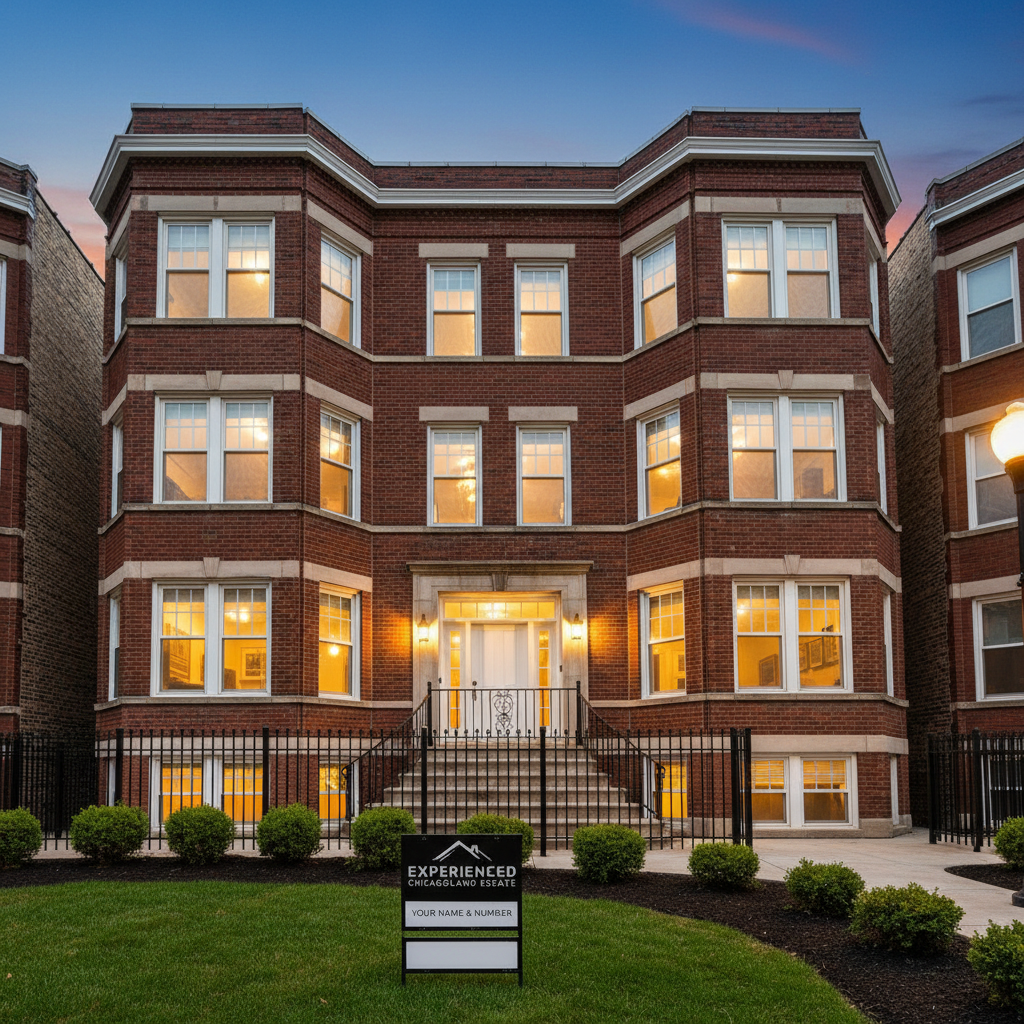 An elegant twilight exterior of a classic red-brick Chicago three-flat, recently listed for sale, with warm light glowing from the interior windows and crisp, newly installed white-framed windows and doors. A tasteful, modern black metal “For Sale” sign with clean typography stands prominently in the neatly edged front lawn, bordered by simple mulch beds and low-maintenance shrubs. The sky holds the deep blue of early evening, while subtle streetlights and porch lighting create a welcoming, secure glow. Photographed from a low, slightly wide-angle perspective, the building rises confidently in the frame, with sharp detail on the brickwork and iron railings. The mood feels reassuring, established, and full of opportunity—ideal for showcasing experienced representation in the Chicagoland market.