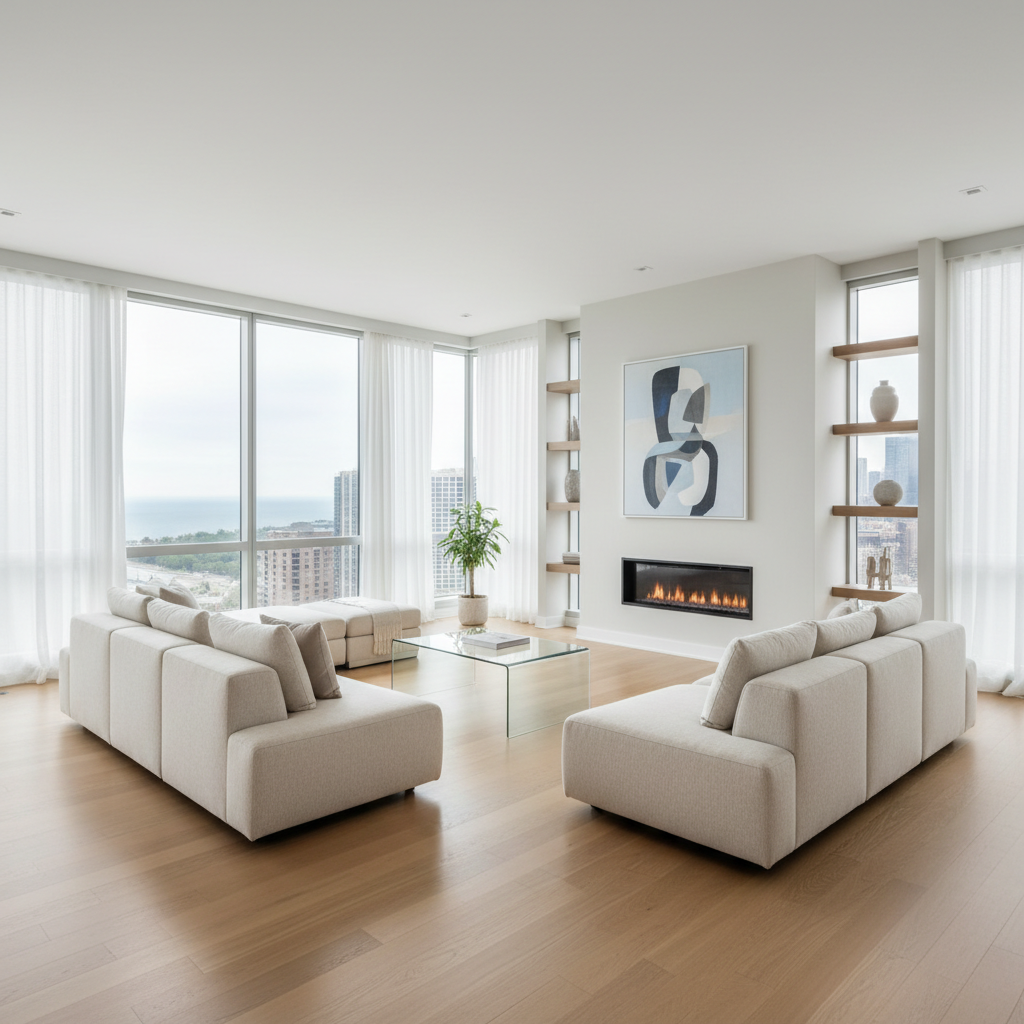 A bright, modern living room staged for a Chicago condo listing, featuring wide-plank light oak flooring, a low-profile neutral sectional sofa, and a sleek glass coffee table with a single curated design book. Floor-to-ceiling windows reveal a soft-focus city skyline beyond, while sheer white curtains diffuse the daylight into a clean, even glow. The space includes a minimalist built-in fireplace surrounded by smooth white drywall and a single abstract painting. Photographed in realistic detail from a slightly elevated corner angle, the composition emphasizes spaciousness and symmetry, with sharp focus throughout. The atmosphere feels professional, airy, and meticulously prepared, reflecting modern marketing and polished presentation for discerning real estate clients.